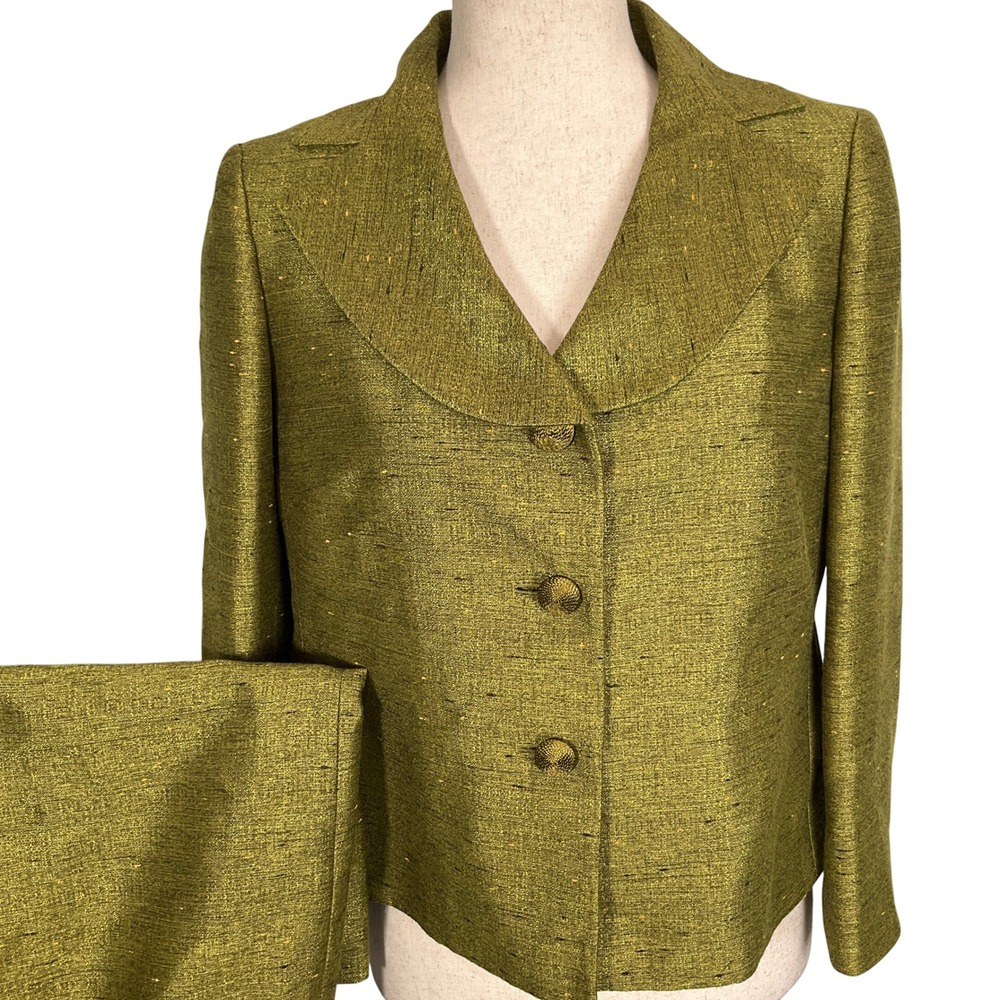 Suit Studio Skirt Set Womens 4P Olive Green Textured Shimmer Party Formal‎ 2pc